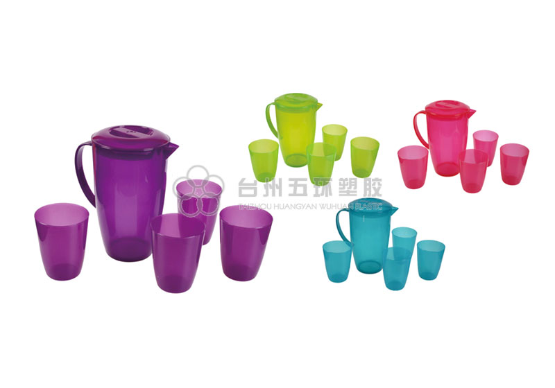 colorful plastic pitcher with four tumblers